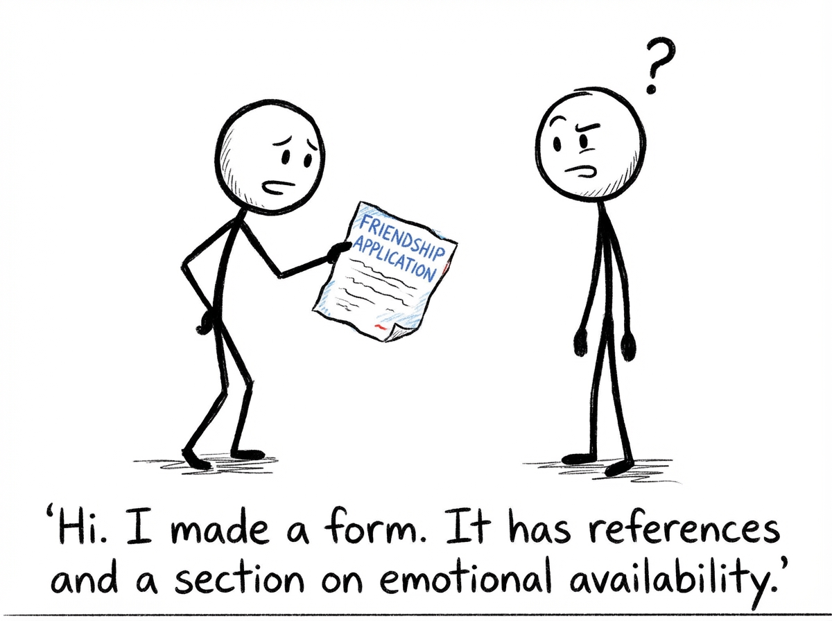 The stick figure sits at a desk, having created an elaborate 'Friendship Application' form with fields like 'Do you also cancel plans and feel guilty?', 'Preferred communication: memes or voice notes?', and 'Can you handle a three-week response time?' The figure holds it up with a hopeful but ridiculous expression.