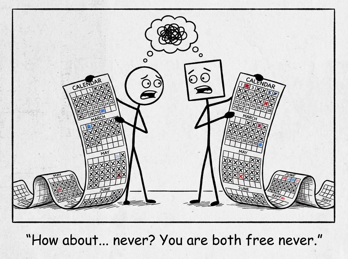 A split screen showing two stick figures on opposite sides, each holding their phone with a text conversation visible. One side shows a message 'Want to grab coffee?' sent three weeks ago. The calendar between them is a chaotic mess of blocked-out squares with a tiny sliver of free time six weeks from now circled in red.