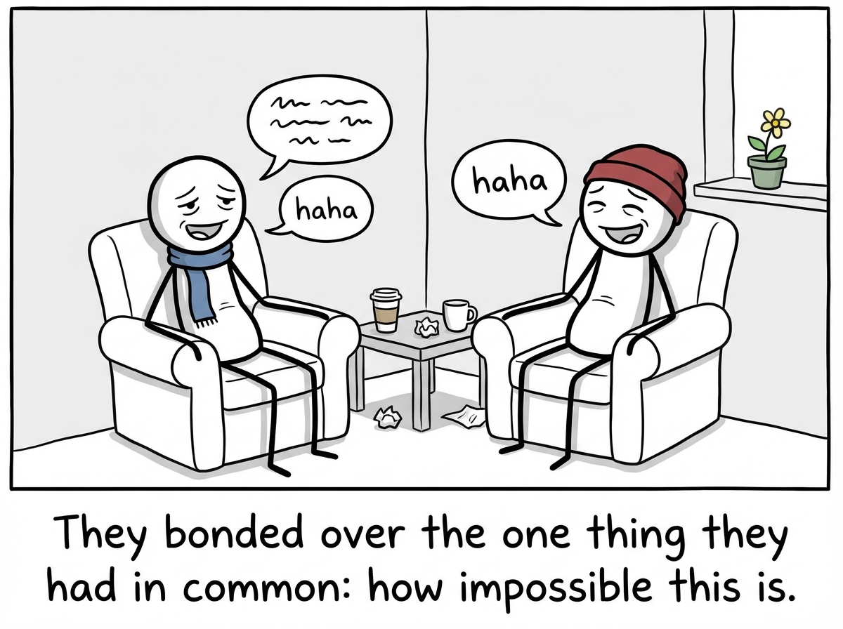Two stick figures finally sitting together on a park bench, coffee in hand, both laughing. One says 'Making friends as an adult is impossible' and the other replies 'Honestly this is the hardest thing I have done all year.' Hearts and connection lines form between them. A small label reads 'Bonded over the shared impossibility.'