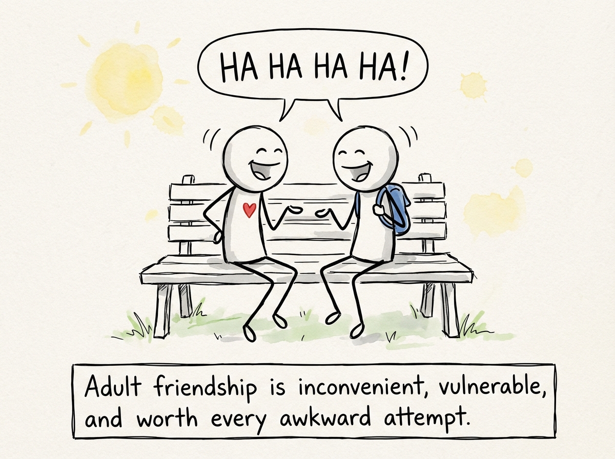 A stick figure taking a deep breath and texting 'Hey, want to hang out sometime?' to an acquaintance, looking nervous but determined. A speech bubble reads 'Someone has to go first. It might as well be you.'