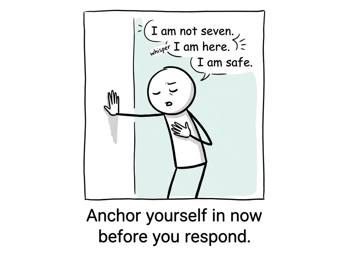 The stick figure places one hand on their chest and one on the wall, grounding themselves, whispering 'I am not seven. I am here. I am safe'