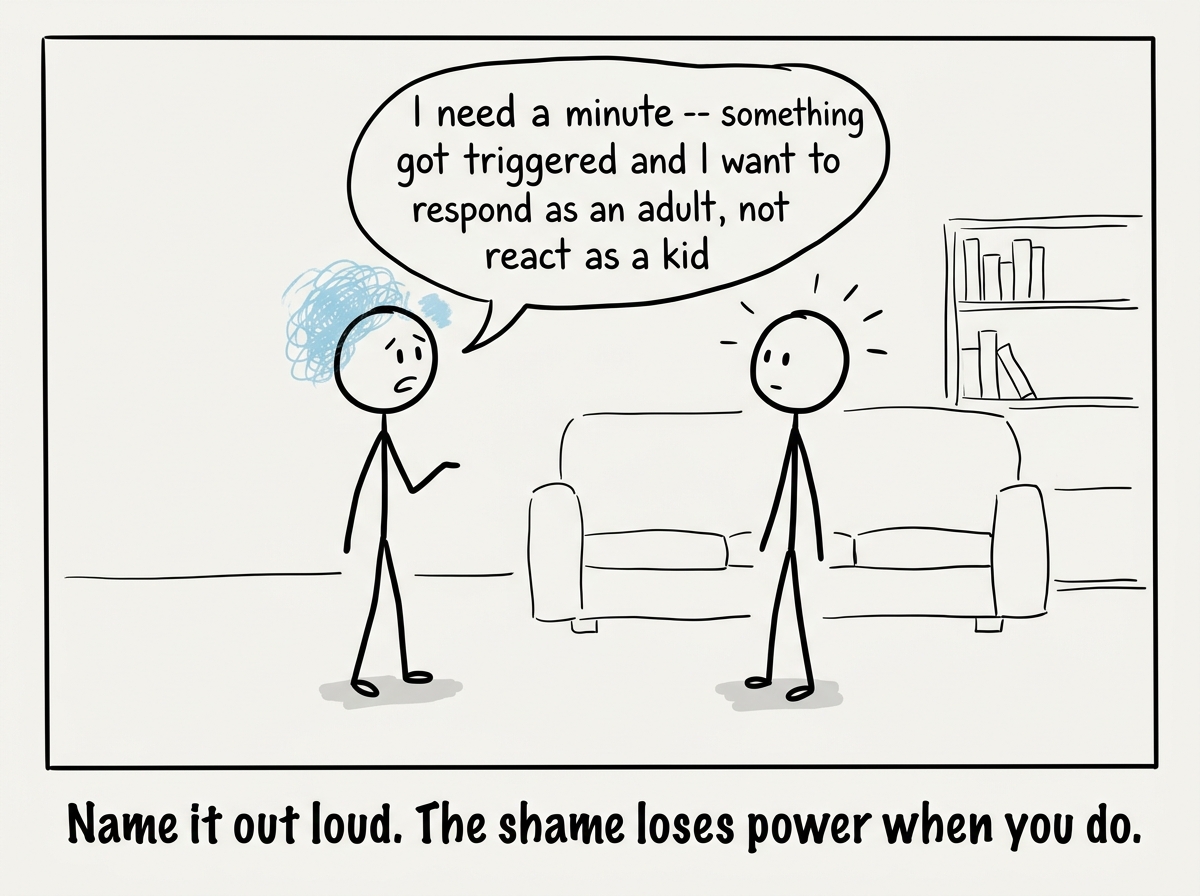 The stick figure speaks to their partner calmly, saying 'I need a minute -- something got triggered and I want to respond as an adult, not react as a kid'