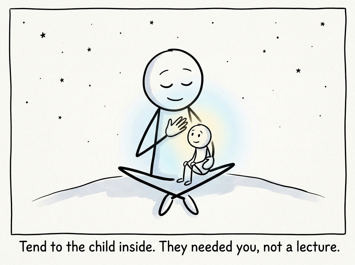 The stick figure sitting quietly afterward, placing a gentle hand on their own heart, acknowledging the younger part that was scared