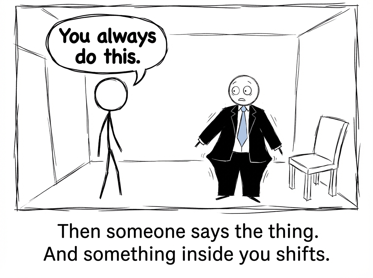 The partner says something with a slightly sharp tone: 'You always do this.' The stick figure's suit begins to grow larger around them. Their body is visibly shrinking. Their eyes get wider. The room seems to get bigger