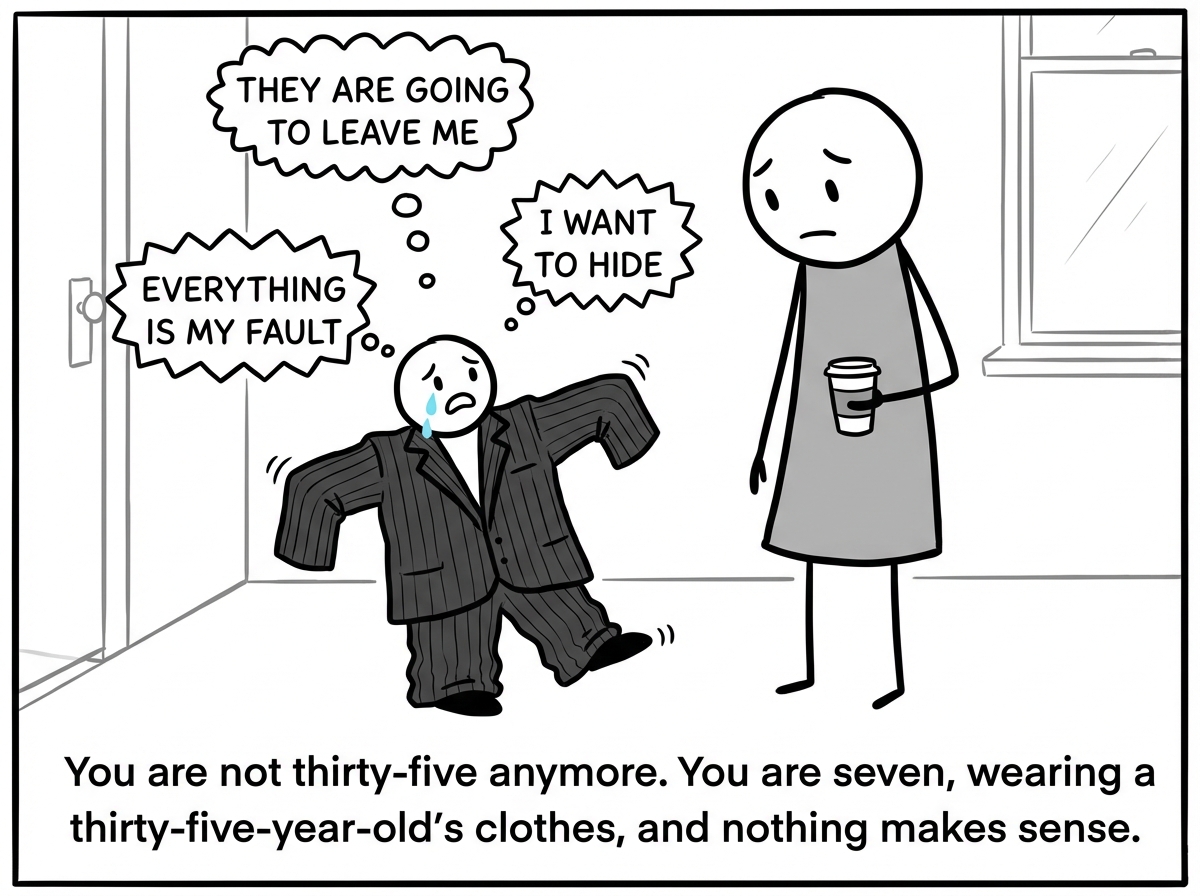 The stick figure is now child-sized, swimming in their enormous adult suit. Their partner looks normal-sized and towers over them. The child-sized figure's thought bubbles have regressed: 'They are going to leave me,' 'Everything is my fault,' 'I want to hide.' Their adult vocabulary is gone -- just raw feelings