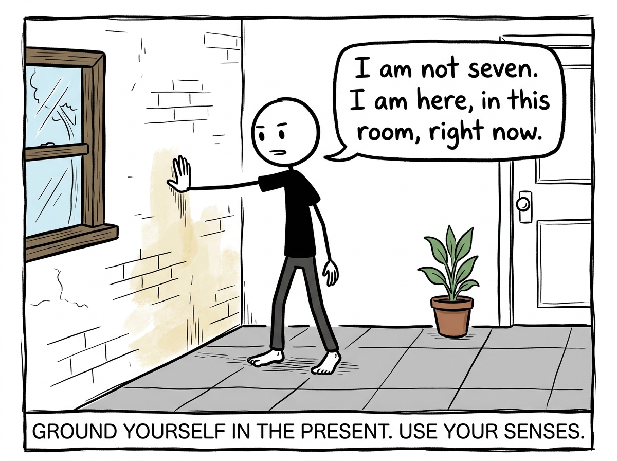 The stick figure places a hand on the wall and feels their feet on the ground, saying 'I am not seven. I am here, in this room, right now'