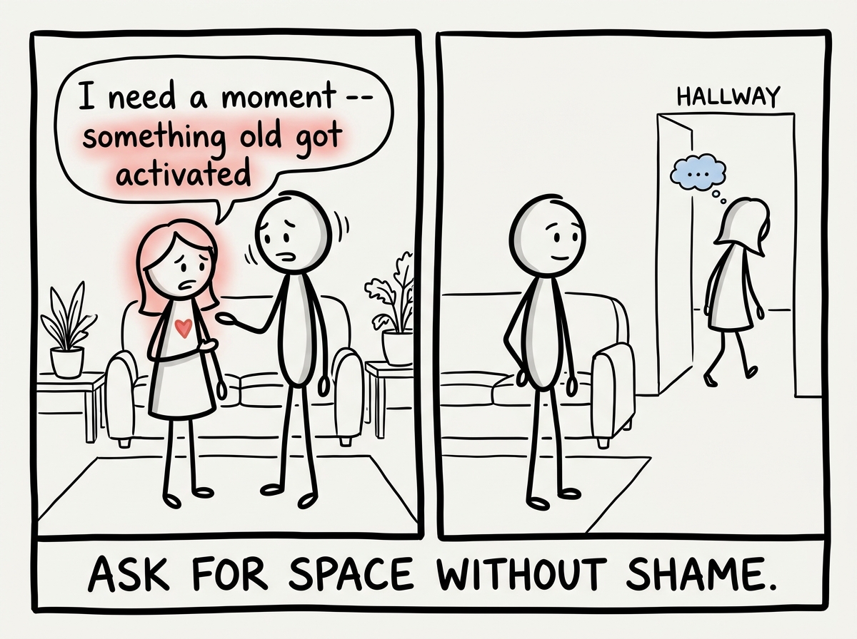 The stick figure tells their partner 'I need a moment -- something old got activated' and steps away briefly