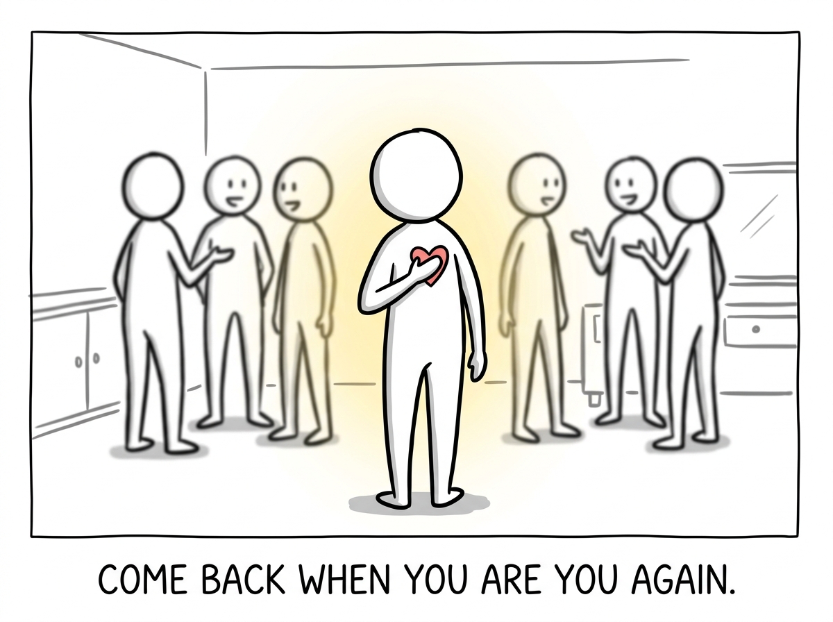The stick figure, back to full adult size, gently placing a hand on their own heart before re-entering the conversation