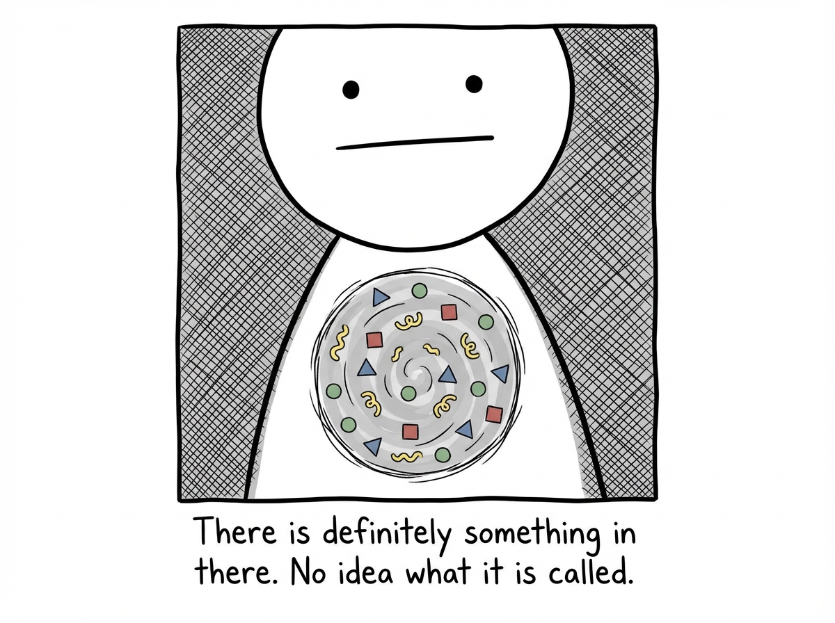A close-up of the stick figure's face showing complete blankness, while inside their body a tornado of colors and shapes swirls with no labels