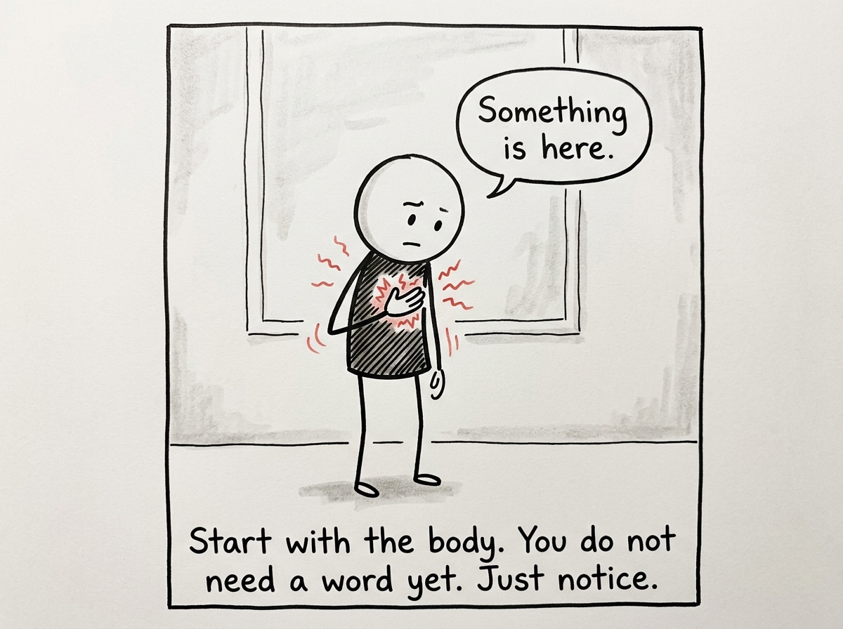 A stick figure feeling something in their chest -- tightness, heat -- and instead of dismissing it, placing a hand there and saying 'Something is here'