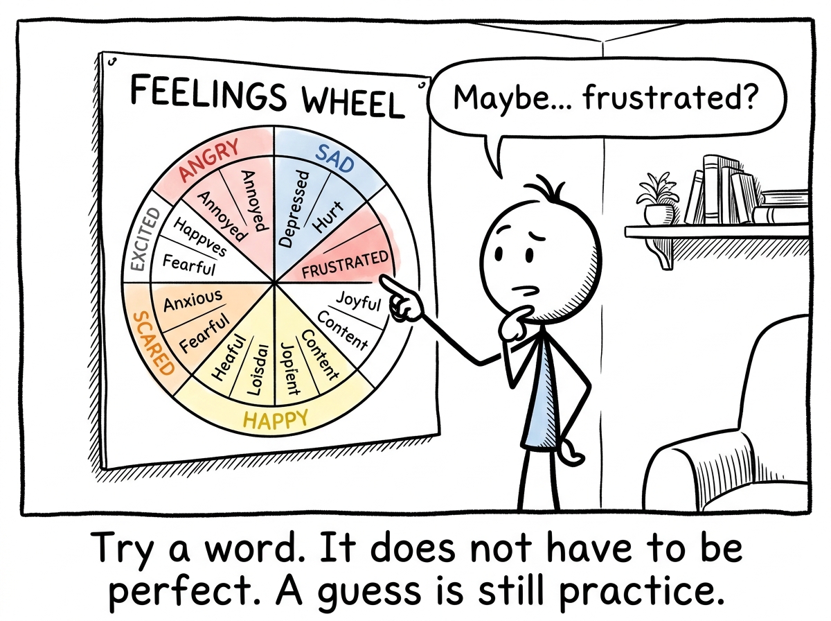 The stick figure looking at a simple feelings wheel and tentatively pointing at a word: 'Maybe... frustrated?'