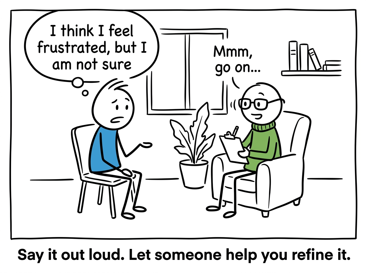 The stick figure telling their therapist 'I think I feel frustrated, but I am not sure' while the therapist nods encouragingly