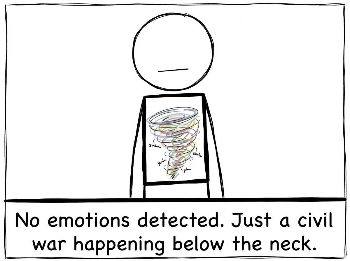 A cross-section view of the stick figure's body showing a tornado of colorful, unlabeled emotions swirling in their midsection while the stick figure's face looks completely neutral