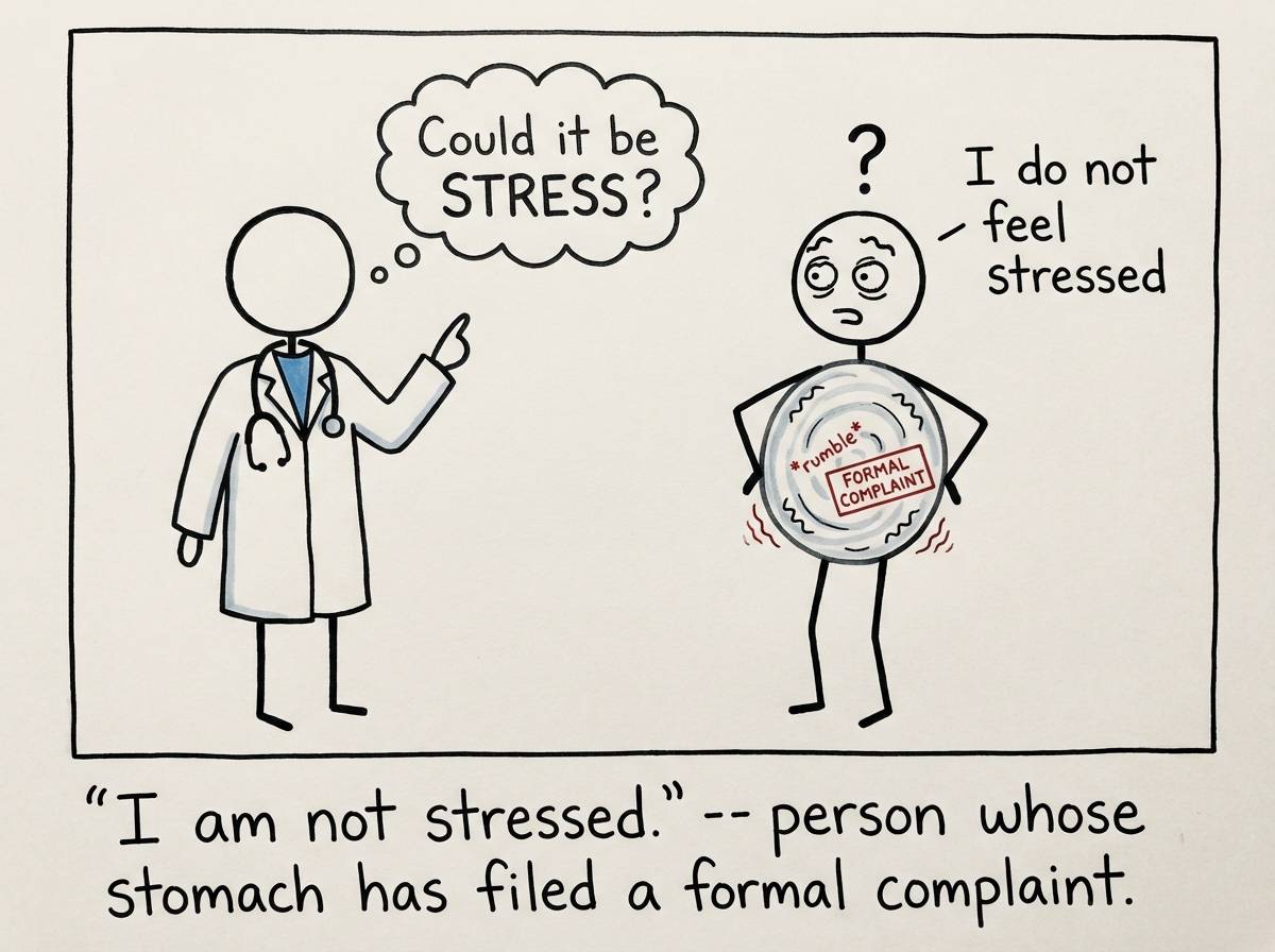 The doctor suggesting 'could it be stress?' and the stick figure looking genuinely confused, saying 'I do not feel stressed' while their stomach visibly churns