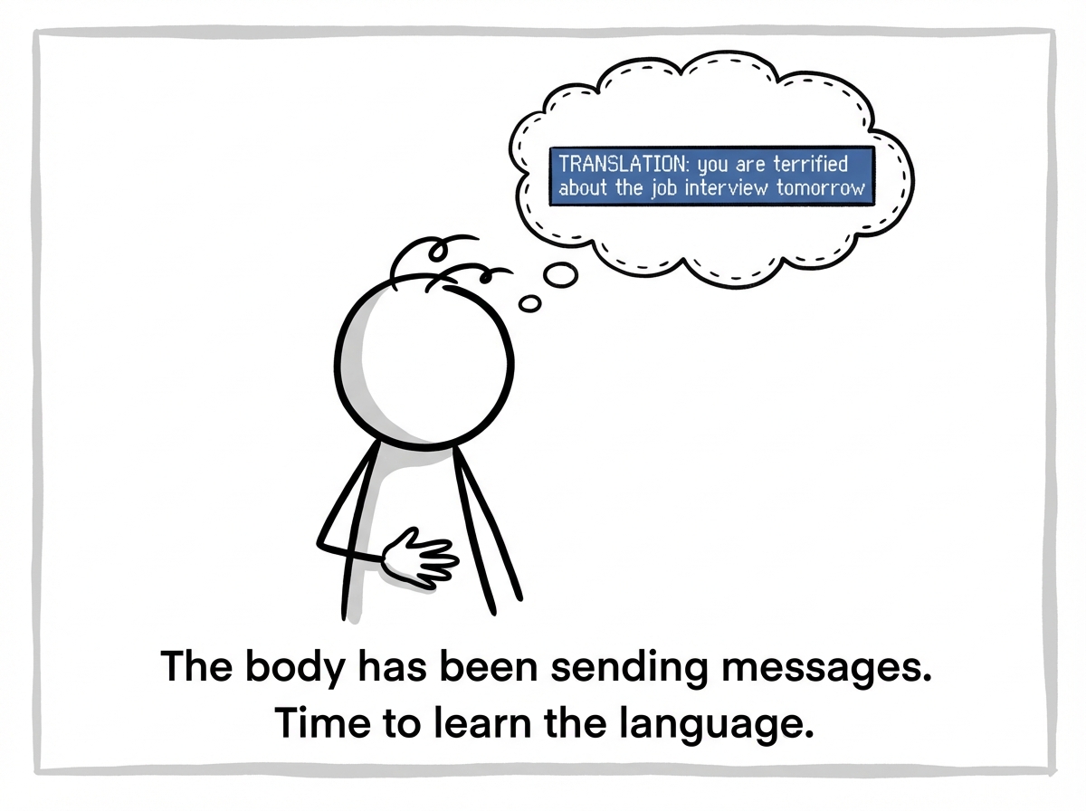 The stick figure placing a hand on their stomach with a thought bubble showing a tiny subtitle bar reading 'TRANSLATION: you are terrified about the job interview tomorrow'