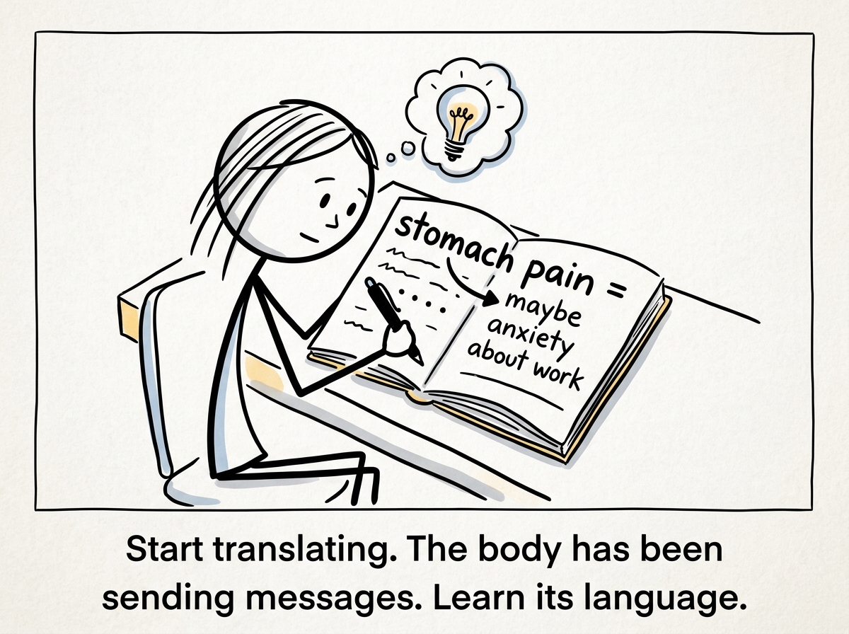 The stick figure writing down 'stomach pain = maybe anxiety about work' in a journal, building the bridge between body and emotion
