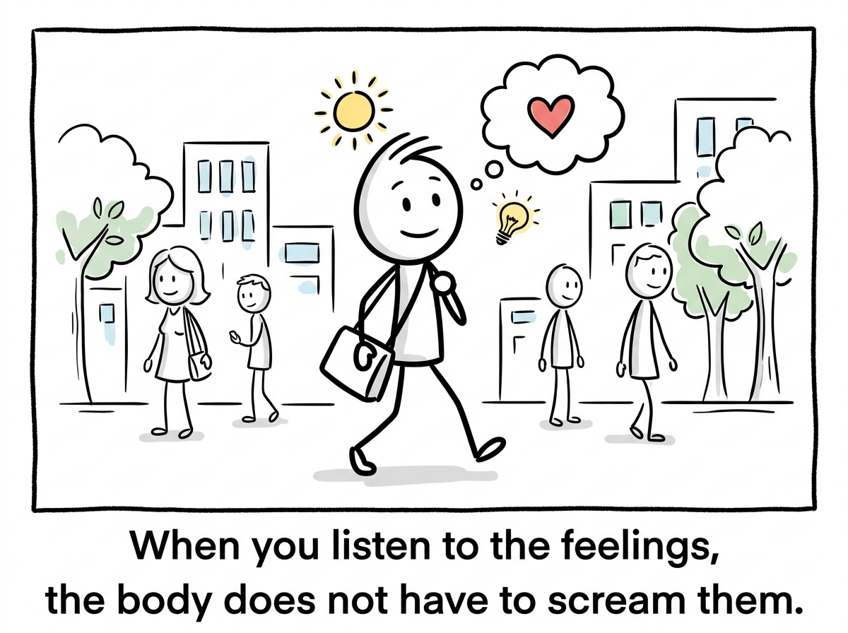 The stick figure going about their day with fewer unexplained symptoms, having learned to check in emotionally before the body has to shout