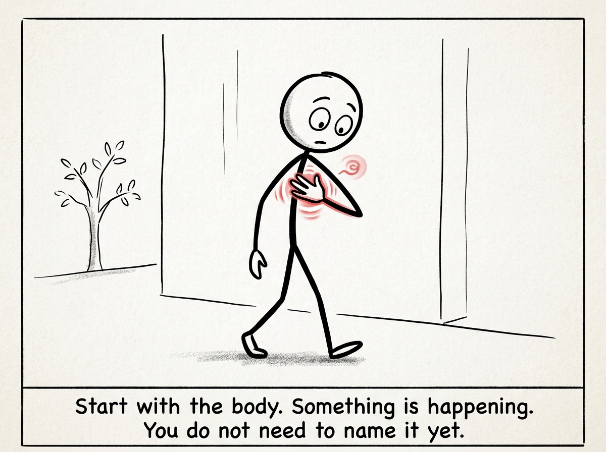 A stick figure feeling a tightness in their chest and instead of ignoring it, pausing and placing a hand there with curiosity