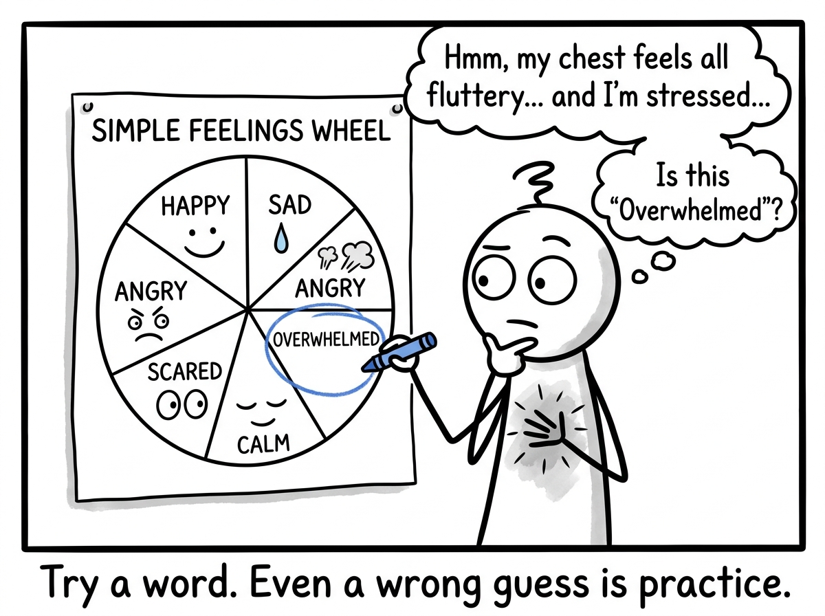The stick figure looking at a simple feelings wheel and matching their physical sensation to a possible word, circling 'overwhelmed' tentatively