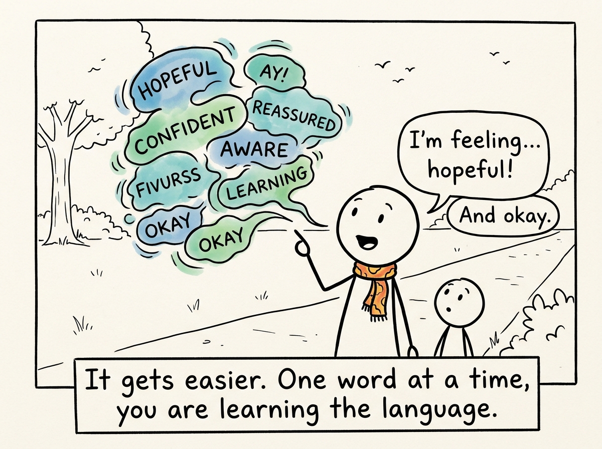 The stick figure with a slightly larger emotional vocabulary, now noticing and naming feelings in real time with more confidence