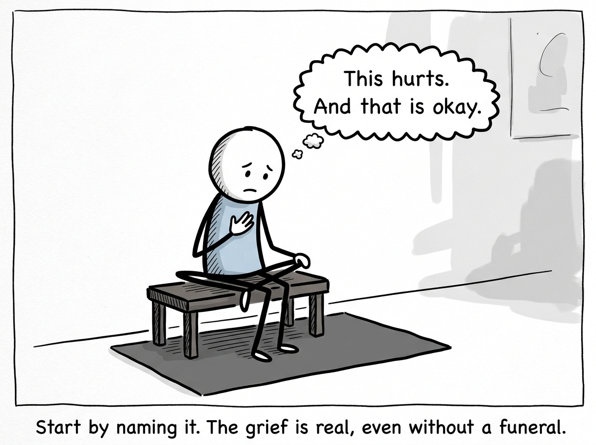 A stick figure sitting quietly, placing a hand on their own chest, a thought bubble reading 'This hurts. And that is okay.'
