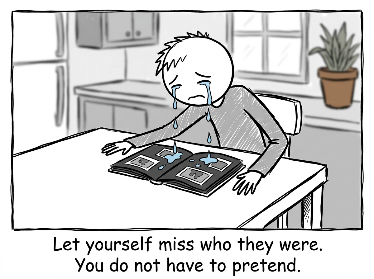 A stick figure crying openly at a kitchen table, tears falling onto a photo album, not wiping them away or hiding.