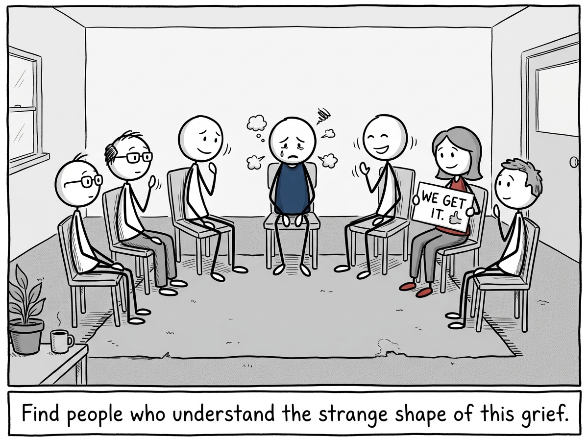 A stick figure sitting in a support group circle, others nodding with understanding, one person holding a sign that reads 'We get it.'