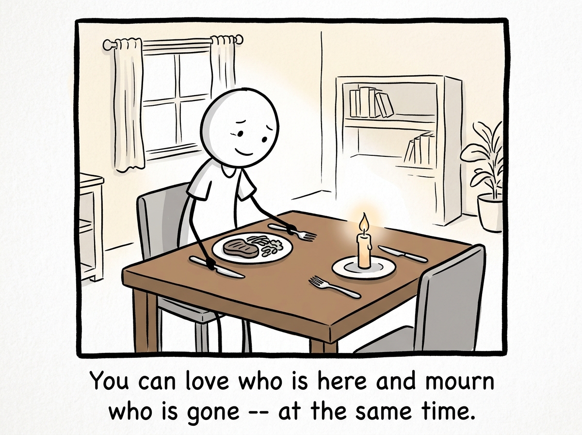A stick figure setting the dinner table for two, a gentle expression on their face, one plate for who they are now and one candle for who they were.