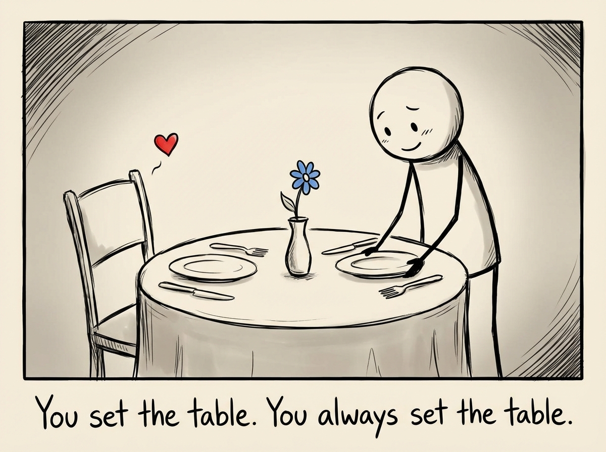 A stick figure setting a dinner table for two, carefully placing plates and silverware, looking hopeful. The other chair is empty but the figure is clearly expecting someone they love.