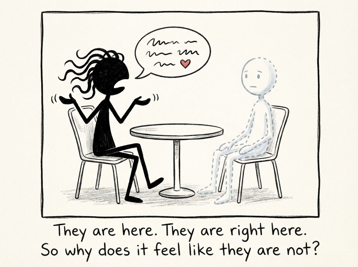 Another person now sits in the chair across from the figure, but they are drawn as translucent and faded, staring blankly ahead. The first figure is talking animatedly, gesturing, trying to connect.