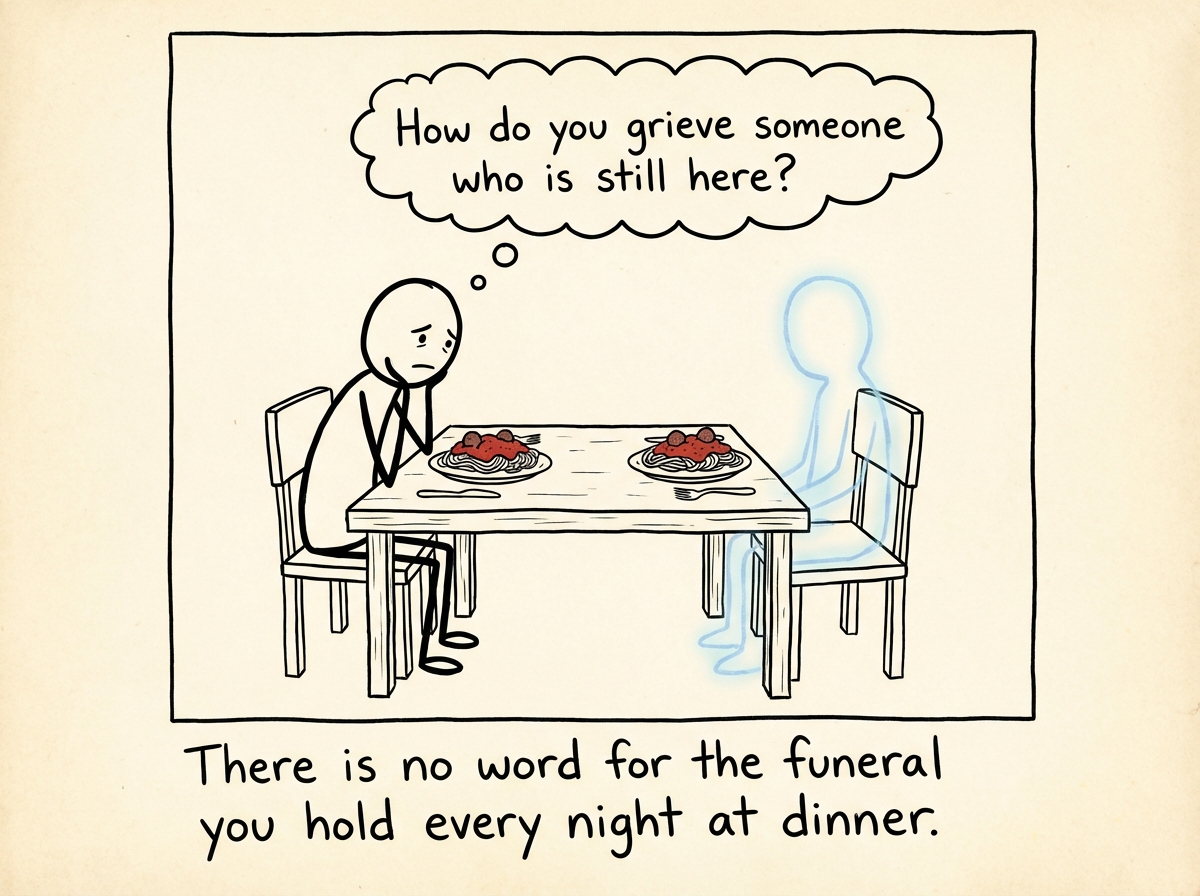 The figure sitting alone at the table with two full plates of food, staring at the other chair. The translucent person is gone, but a faint outline remains. A thought bubble reads: 'How do you grieve someone who is still here?'