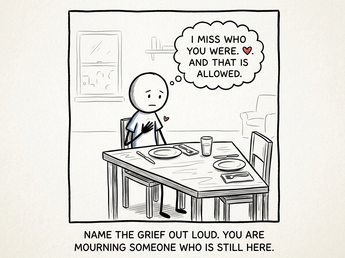 A stick figure sitting at the dinner table, placing a hand on their own heart, a thought bubble reading 'I miss who you were. And that is allowed.'