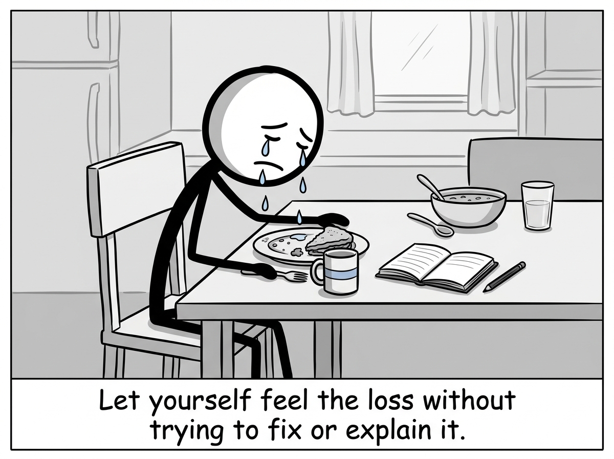A stick figure letting tears fall at the table without wiping them away, an empty journal open beside their plate.
