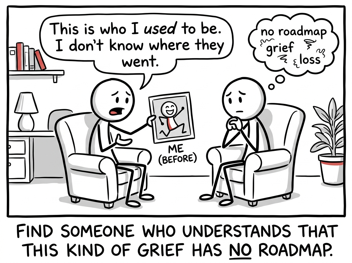A stick figure talking to a counselor, showing them a photo of who the person used to be, the counselor listening with care.