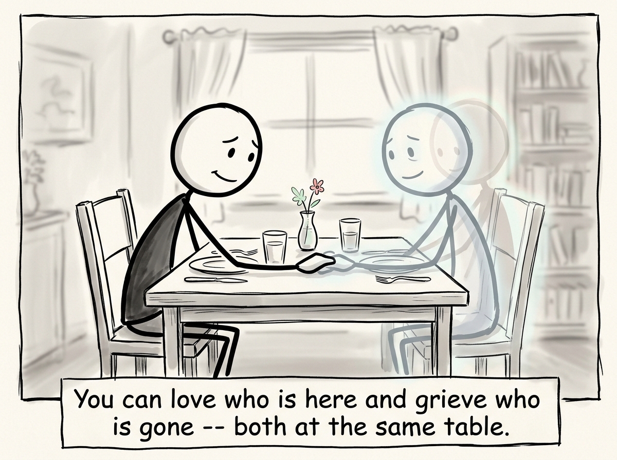 A stick figure back at the dinner table with the faded person, gently touching their hand, accepting both who they are now and who they were.