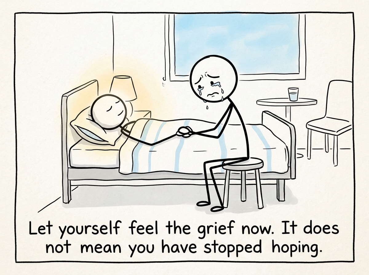 A stick figure sitting at a bedside, allowing tears to fall while still holding their loved one's hand, not forcing a smile.