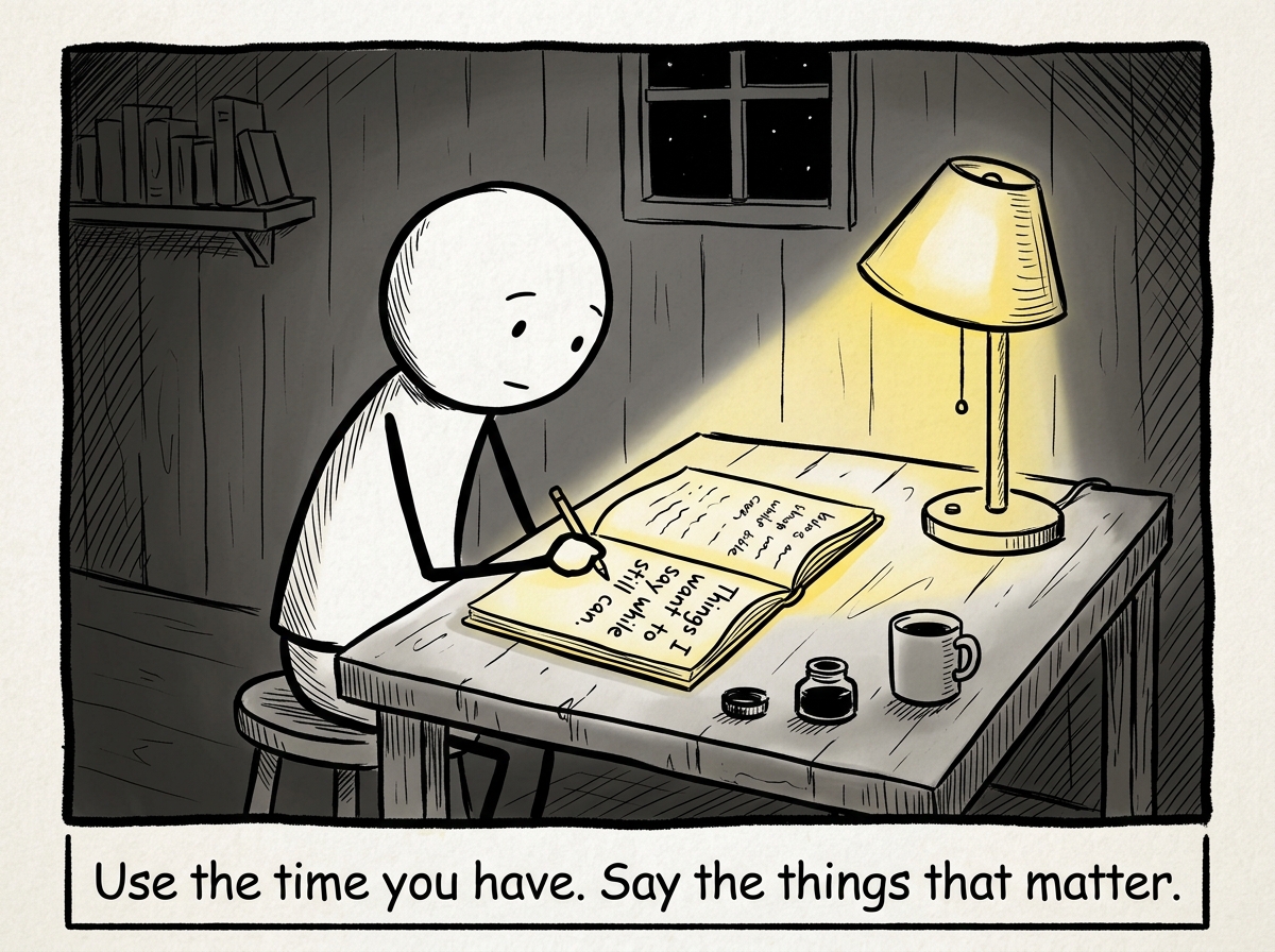 A stick figure writing in a journal by lamplight, the page reading 'Things I want to say while I still can.'