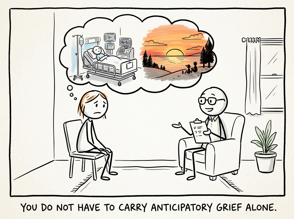 A stick figure talking to a therapist, a thought bubble showing both a hospital bed and a sunset, holding both realities.