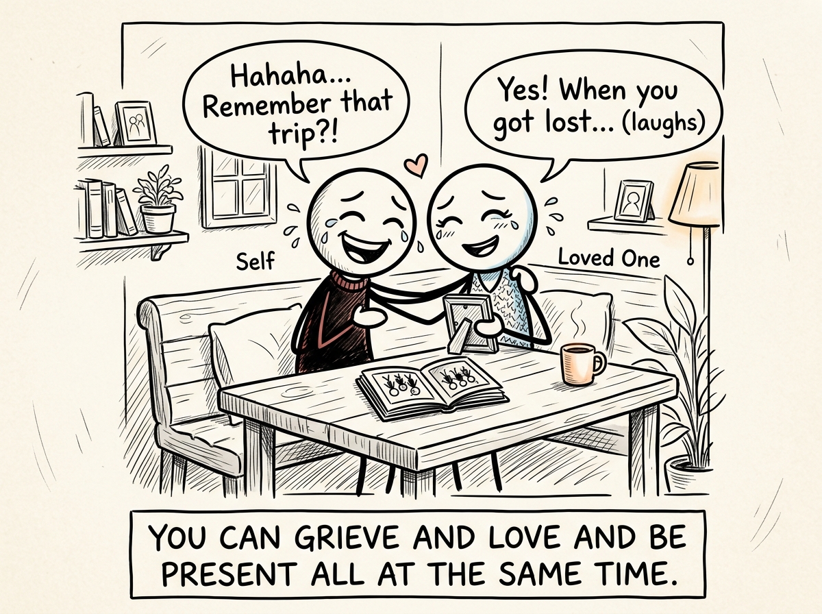 A stick figure sitting beside their loved one, laughing together over a shared memory, tears and smiles coexisting on their face.