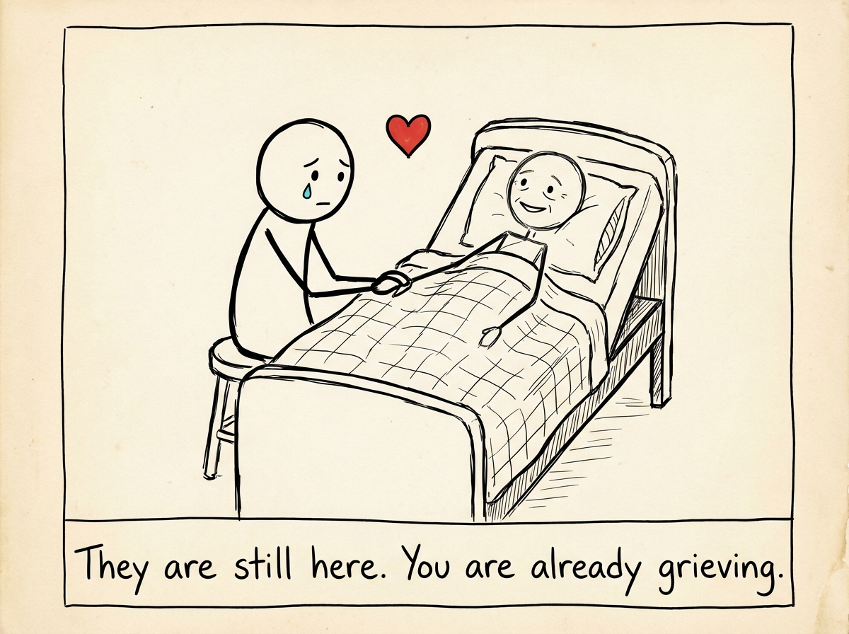 A stick figure sitting beside a hospital bed, holding the hand of a loved one who is frail but smiling. The figure is smiling back, but a tear is visible on their cheek.