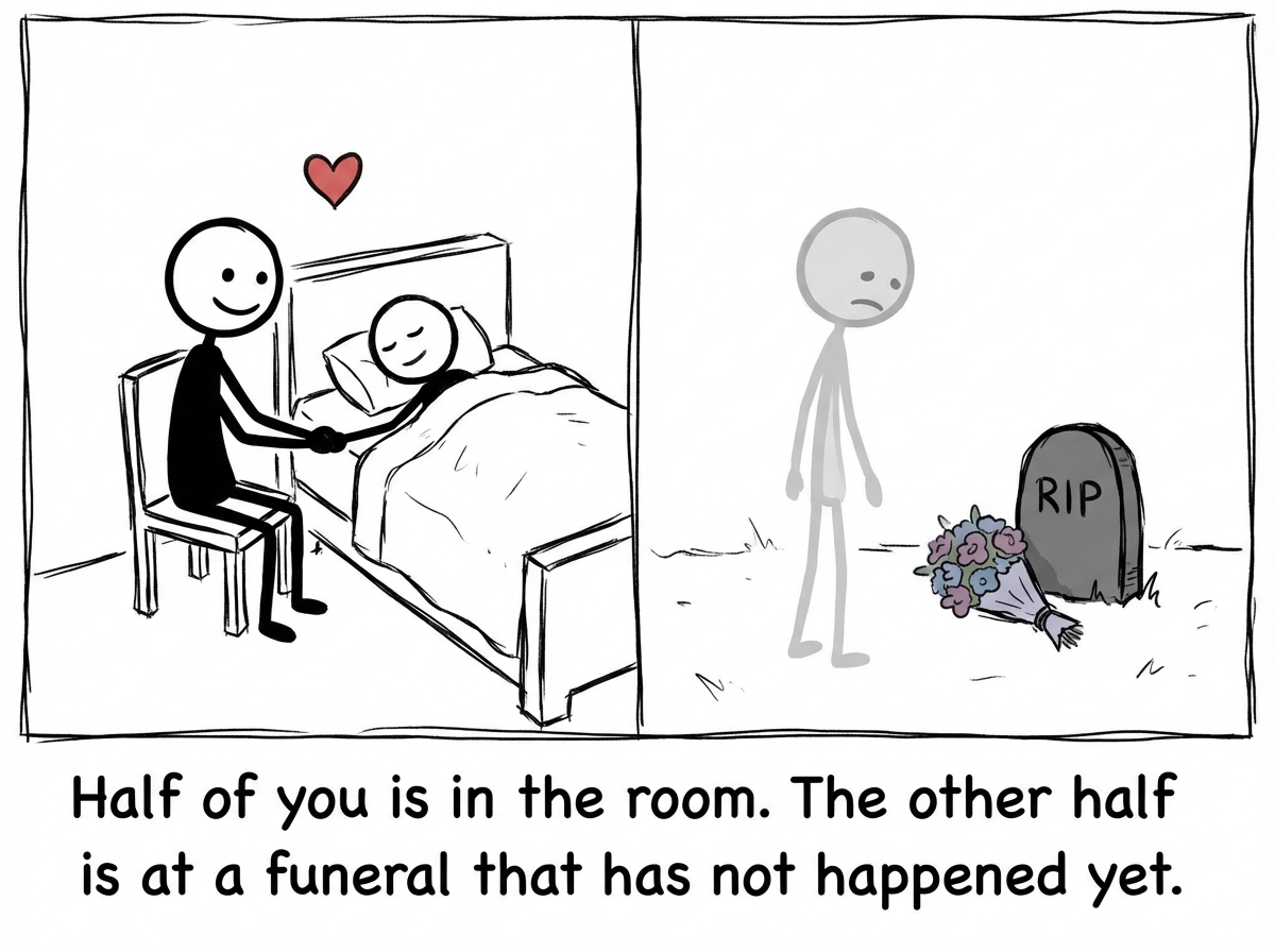 The same figure, now split in two -- one version sits at the bedside laughing with the loved one, while a translucent second version stands alone at a small funeral scene with flowers and a headstone. Both versions exist simultaneously.