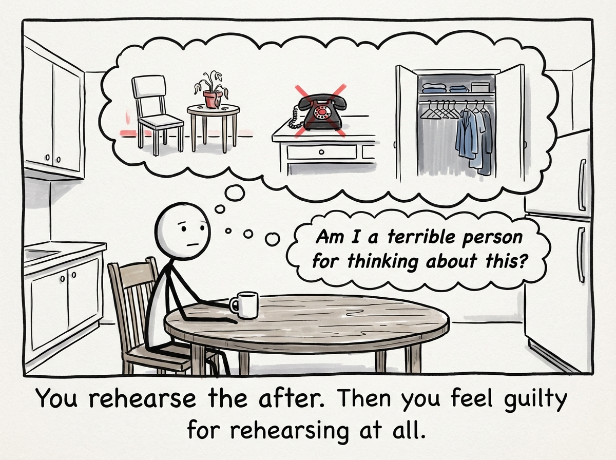 The figure at home, staring into space at the kitchen table. A thought bubble shows flashes: an empty chair, a phone that will not ring, a closet full of clothes with no owner. Another thought bubble reads: 'Am I a terrible person for thinking about this?'