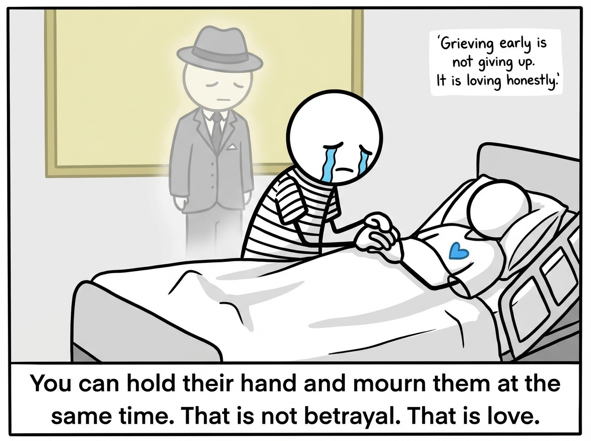 The figure back at the bedside, holding the loved one's hand tightly with both hands, tears falling freely. The translucent funeral version has faded into the background but is still faintly visible. A small text reads: 'Grieving early is not giving up. It is loving honestly.'