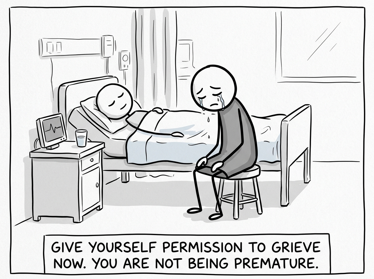 A stick figure sitting beside the hospital bed, letting tears come freely, not forcing a brave face, the loved one gently resting.