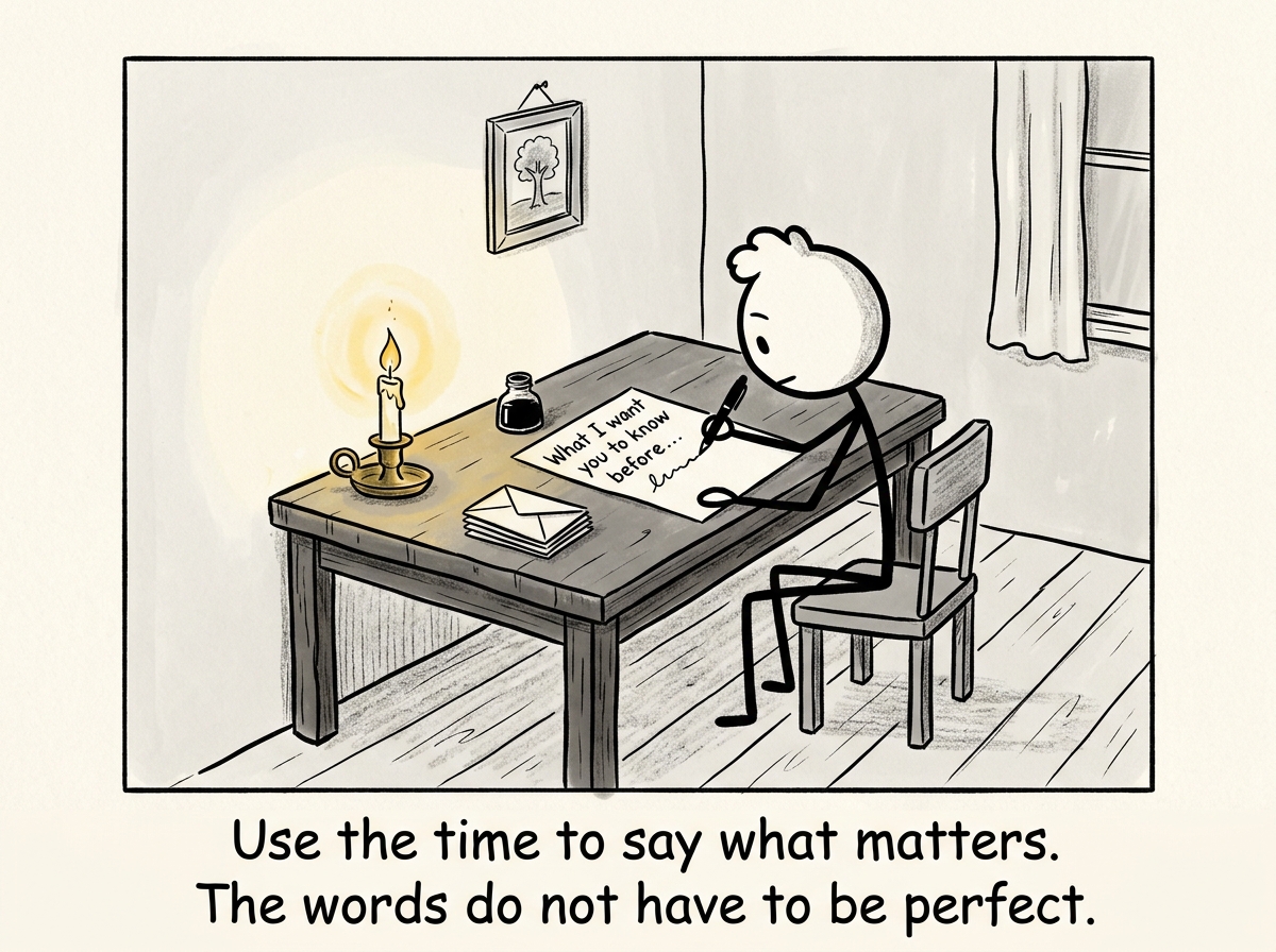 A stick figure writing a letter at a quiet desk, the page reading 'What I want you to know before...' with a candle burning nearby.