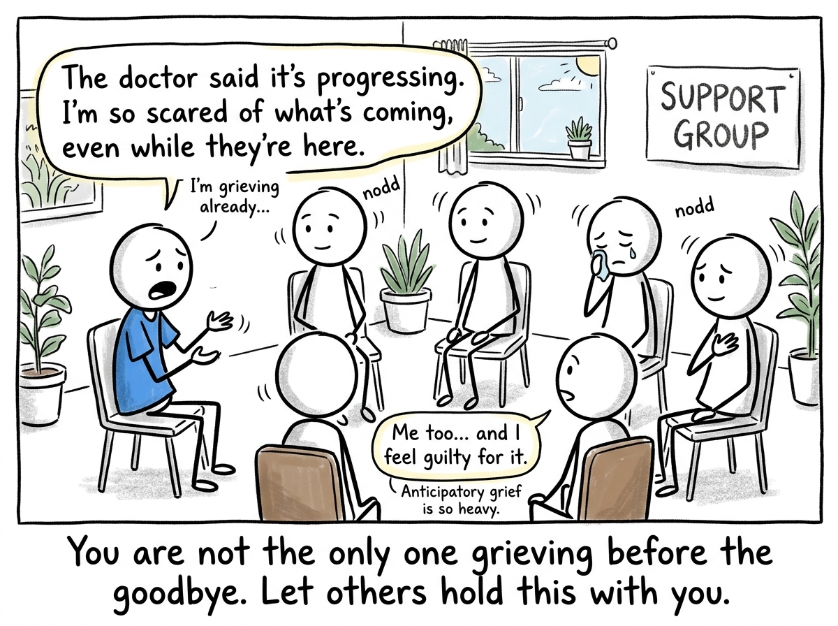 A stick figure in a support group for caregivers, others sharing their own anticipatory grief, everyone nodding in recognition.