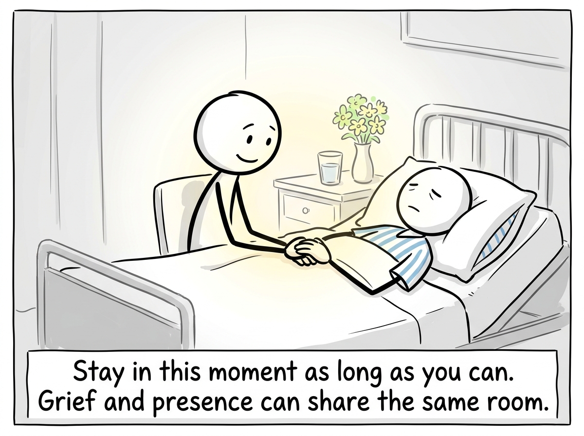 A stick figure back at the bedside, holding their loved one's hand, fully present, the translucent funeral scene gone, just the two of them in this moment.