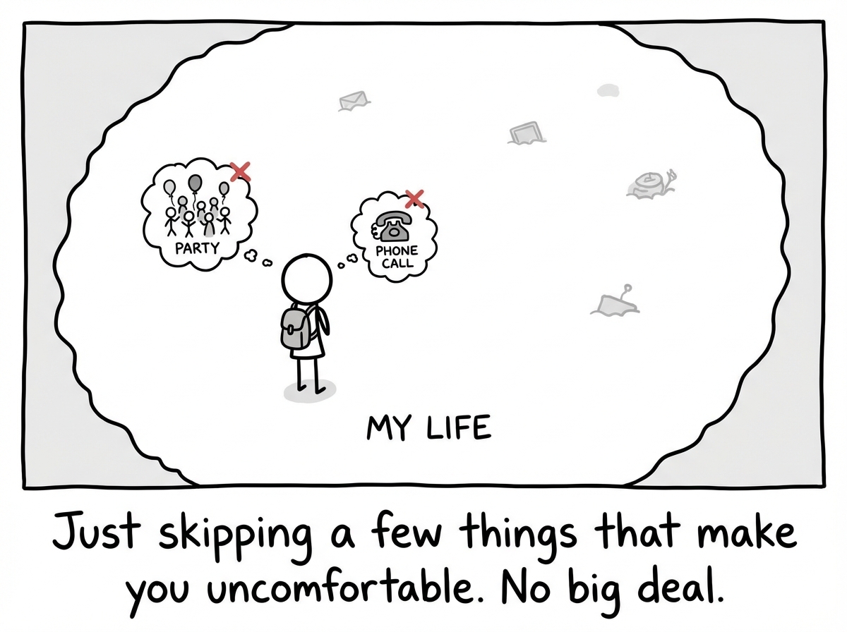 A stick figure in a large open space representing their life, with small X marks over a few things they avoid: a party, a phone call. The available space is still large.