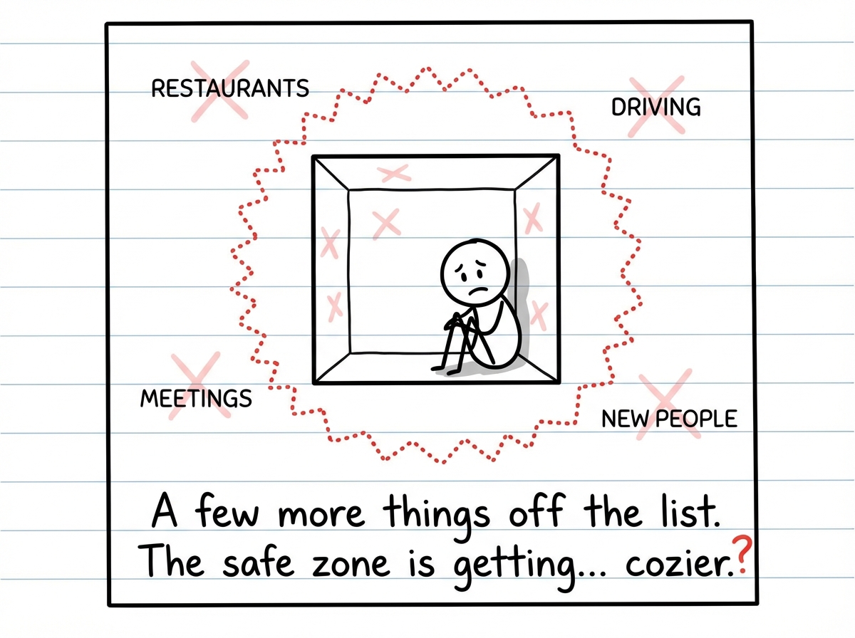The same figure now in a noticeably smaller space, more X marks have appeared: restaurants, driving, meetings, new people. A dotted line shows the boundary of their comfort zone shrinking.