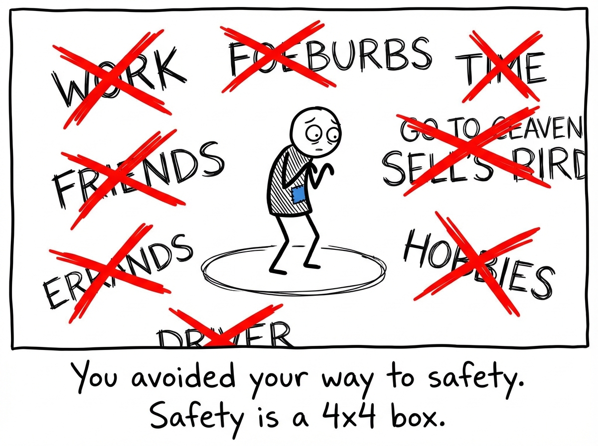 The figure standing in a tiny circle barely larger than themselves, surrounded by X marks covering almost everything -- work, friends, errands, hobbies -- looking trapped rather than safe